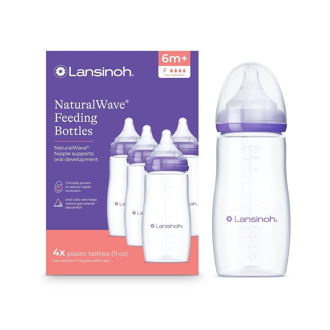 Lansinoh Anti-Colic Baby Bottles, BPA-Free Plastic, 11 Ounces, 4 Count, Fast Flow Nipples (Size F), Breastfeeding Bottle with NaturalWave Design