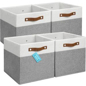 OrganiHaus 12x12 Fabric Storage Bins - Set of 4, Cube Fabric Organizer Bins with Vegan Handles, Kallax Storage Cubes, Cubbies Organizer Boxes, 12Inch Cubic Baskets for Shelves - Grey / White ((12x12) Leather Handles, Gray Base / Off-White)