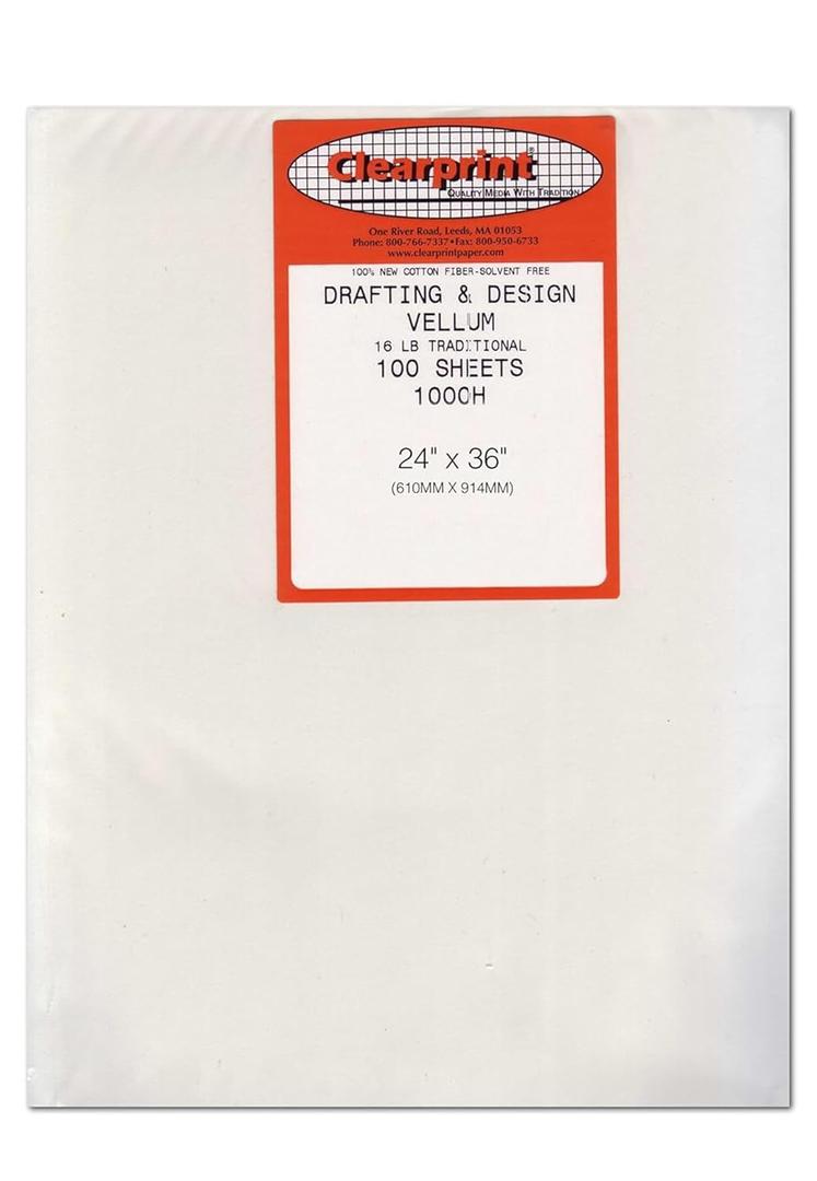 Clearprint 24" x 36" 1000H Design Vellum Sheets, 16 lb., 100% Cotton, 100 Sheets Per Pack, 1 Each