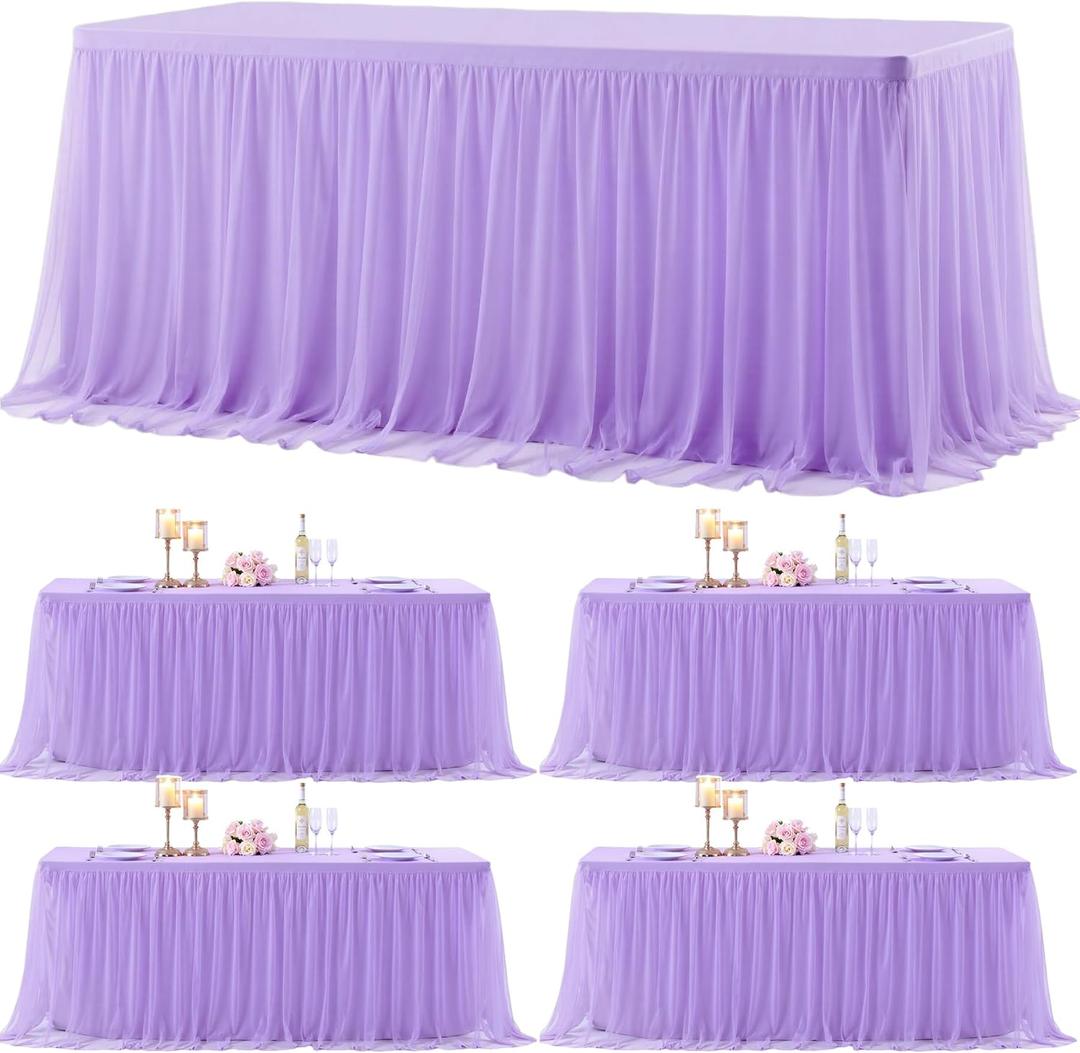 Suppromo 4 Pack 6ft Lavender Tulle Tablecloths for Rectangle Tables, 6 Foot Rectangular Table Cloth Wrinkle Free Table Cover with Tutu Skirt for Wedding Baby Shower Birthday Party Banquet Buffet Cake, 72" x 30"