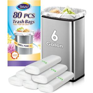 2 x Teivio 6 Gallon 80 Counts Medium Garbage Bags Trash Bags, Bathroom Trash Can Bin Liners, Plastic Bags for home office kitchen,Garden Outdoors waste,Clear
