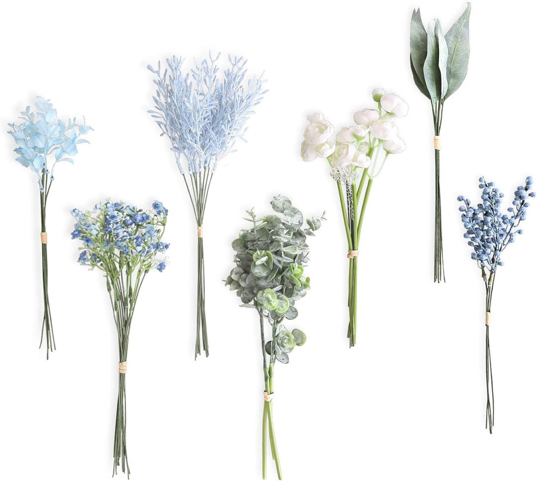 Lookein Artificial Greenery Filler Stems in Bulk 53pcs with 8 Kinds Tall Greenery Stems for Blue Wedding Decor Centerpiece Filler Wedding Bouquet Filler Bridal Bouquet DIY, French Dusty Blue