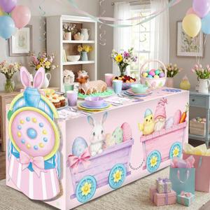 Oudain 2 Pcs Easter Table Tablecloth Decorations Bunny Train Table Cloth Decoration with Pastel Rabbit Eggs Gnomes Easter Party Favor for Picnic Dinner Outdoor Decorations Decor