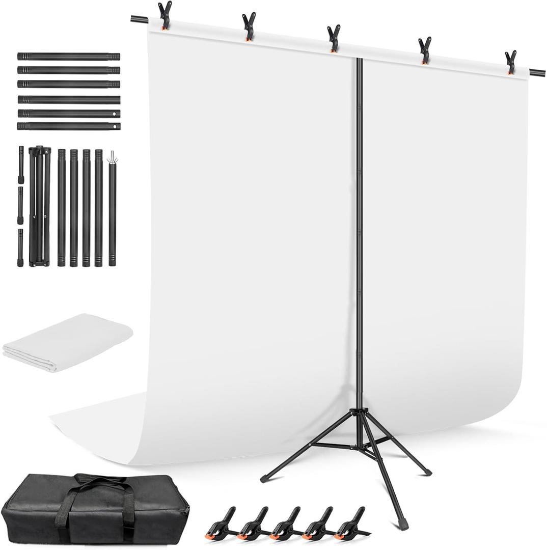 White Backdrop with Stand, 6x9 ft White Photo Backdrop Curtain with 6.3x6.5 ft Background Stand, Portable Back Drop Support Kit with Carrying Bag, 5 Strong Spring Clamps