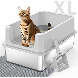 Stainless Steel Litter Box, Extra Large Litter Boxes for Big Cats, XLarge Metal Cat Litter Box with Lid, Anti-Urine Leakage XL Box with High Sides, Easy Clean, Non-Sticky, Scoop Included (Silver Grey)