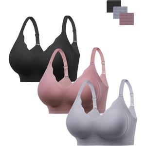 HBselect Jelly Bras for Women No Underwire 3PCS Comfort Wireless Push Up Bras Seamless Scalloped Lift Everyday Bralettes (X-Large, Black/Blue/Lotus Pink)
