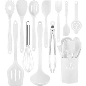 Kitchen Utensils Set-12 Pieces Silicone Cooking Utensils Set (Dishwasher Safe) 392F Heat Resistant Spatula Set, Kitchen Utensil Set for Nonstick Cookware, Best Kitchen Tools with Holder (White)