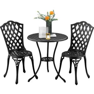 3-Piece Outdoor Bistro Set Cast Aluminum Patio bar Set with Umbrella Hole, Balcony, Backyard (Black, Grid)