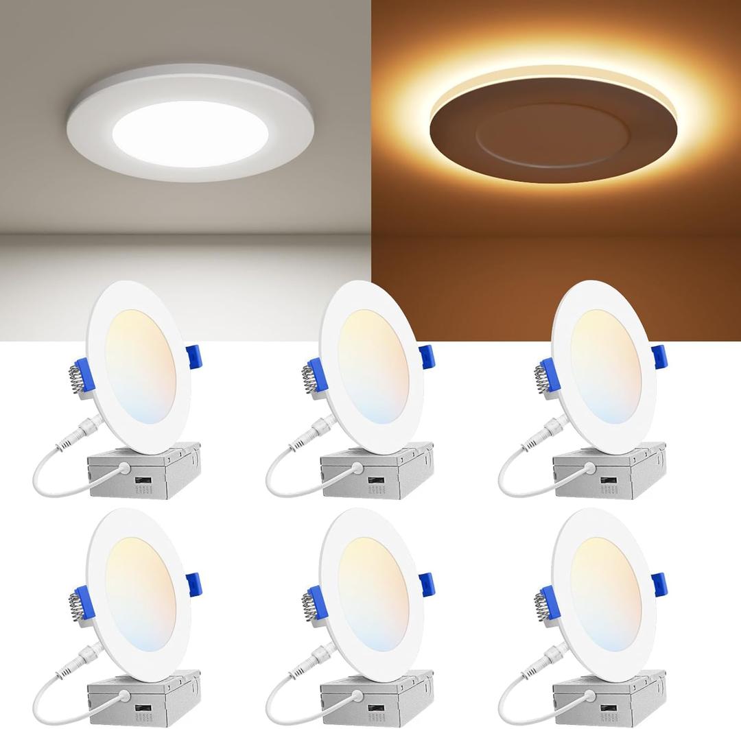 VOLISUN 6 Pack 4 Inch 5CCT Recessed Light with Night Light,Canless LED Recessed Lighting 4 inch,2700K-5000K Selectable,9.5W=80W,810LM Dimmable Recessed Ceiling Wafer Light,ETL Certificated (White)