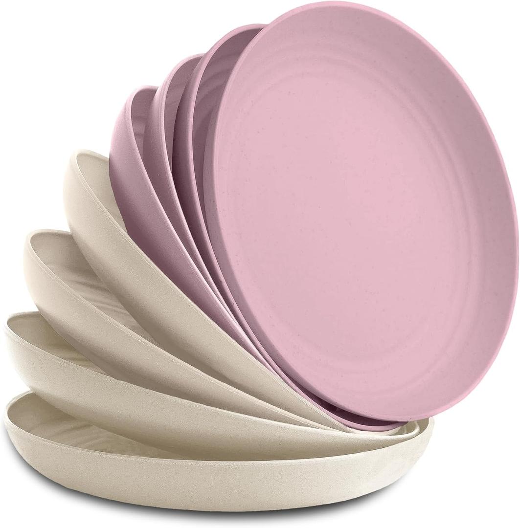 Nook Theory 8-Pack Reusable Wheat Straw Plates Set - Non Toxic and Non Plastic Dinner Plates for Kids and Adults, Lightweight Unbreakable Plate, Microwave Safe and Dishwasher Safe (Petal 9")