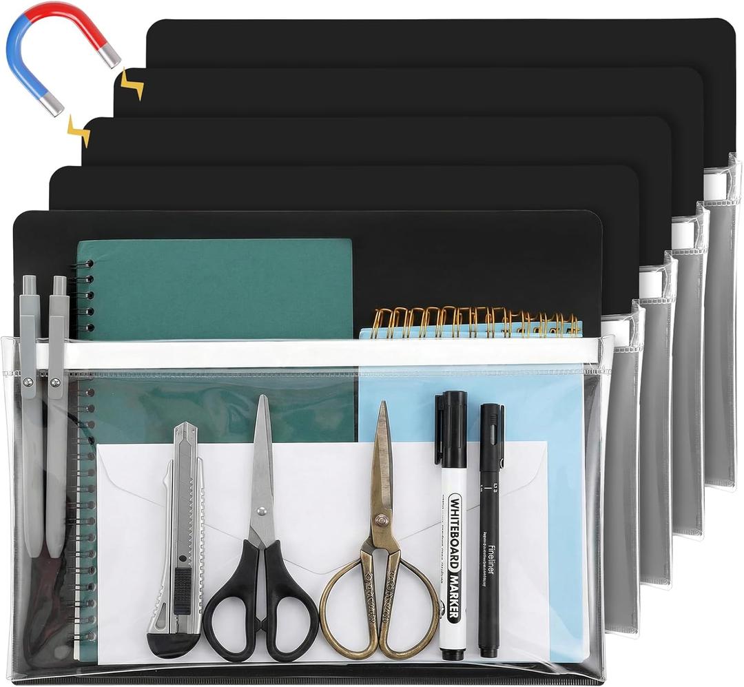 5 Pcs Magnetic File Holder, Black Magnetic Pocket Pouch Organizer for Refrigerator Whiteboard, Pen Marker Storage,12x9.5 Inch
