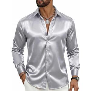 Barry.Wang 70s Disco Shirts for Men Satin Button Down Luxury Shiny Shirts | Shiny Satin, Disco Party Nightclub,Solid Long Sleeve Button Up Shirt,70s Prom Dress Shirts Wedding, Club,Business Casual (Silver, S)