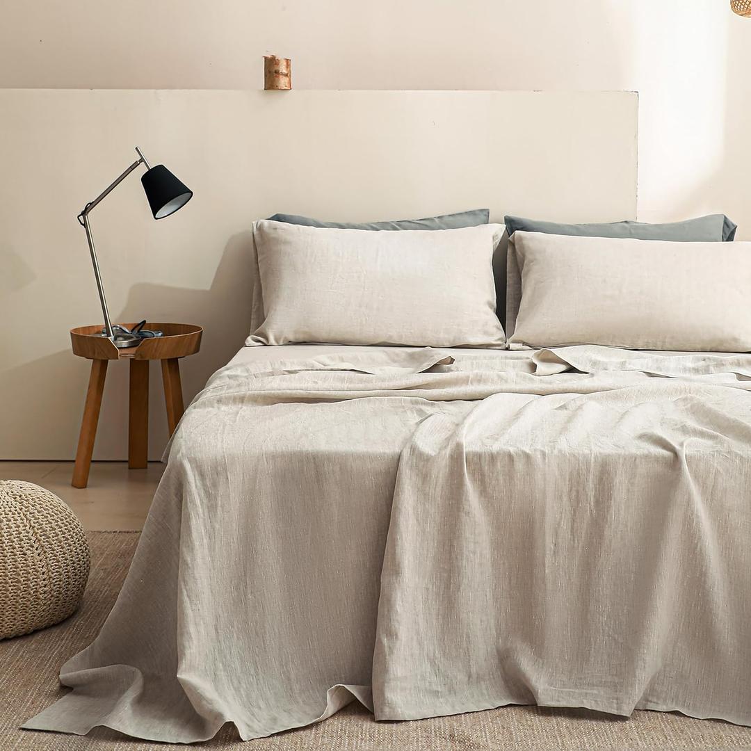 Linen Sheets King Size Set, Linen Bed Sheets, Breathable Soft Durable Bedding Set for All Season (Linen, King)