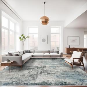 RUUGME Abstract 9x12 Washable Rug - Area Rugs for Living Room Waterproof Large Indoor Ultra Thin mat for Bedroom Stain Resistant Non-Slip Backing Distressed Soft Room Farmhouse Floor Carpet 9X12 Blue (9ft x 12ft)