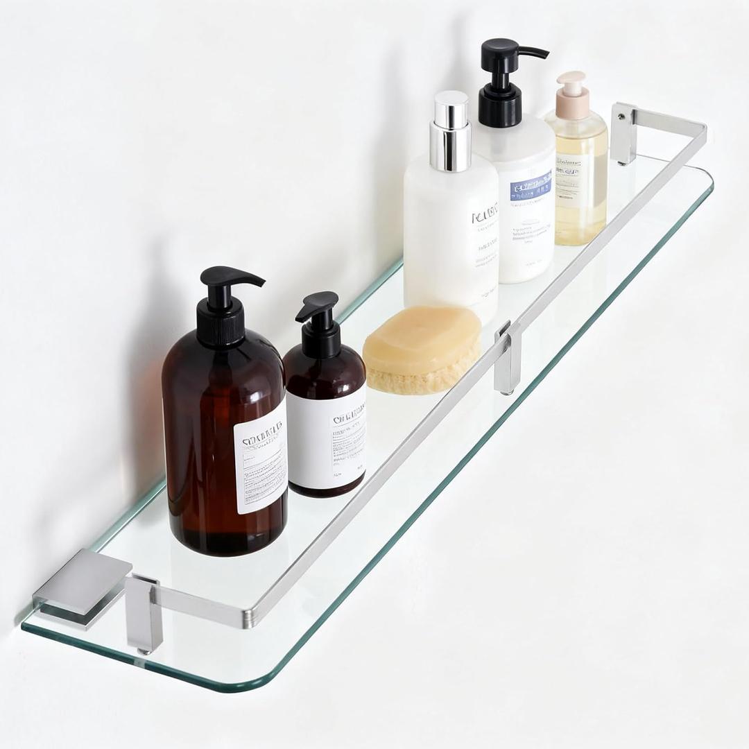 24 Inches Glass Shelf for Bathroom, Rectangular Tempered Glass Floating Shelves with Aluminum Rail and Aluminum Brackets, Shower Shelves for Storage, 1 Pack, 24 x 5.12 Inches