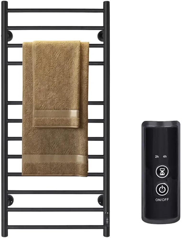 JSLOVE Towel Warmer Wall Mounted Heated Towel Racks with Built-in Timer, Plug-in/Hardwired Stainless Steel Hot Towel Rack, Heated Drying Rack Brushed Polish (Black, 12 Bars)
