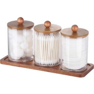 Tbestmax Qtip Holder with Vanity Tray, Clear Bathroom Containers Dispenser for Storage Cotton Swab/Ball/Pad Holder Wood Lids (Group A-Brown Bamboo) 3 Pack