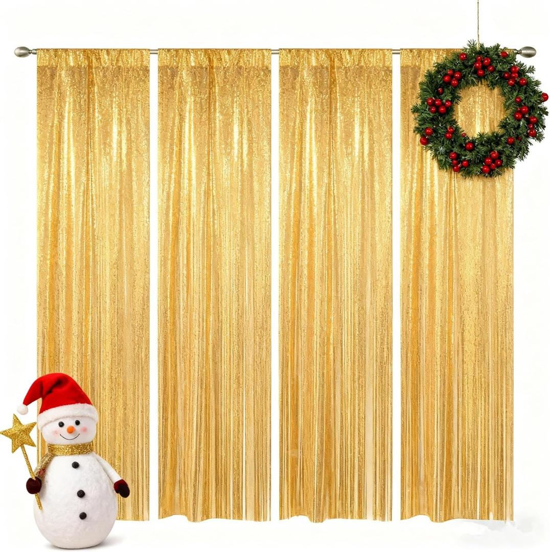 Gold Sequin Backdrop Curtain,4PCS 2FTx8FT Glitter Backdrop Curtain for Parties,Christmas, Wedding, Banquet Decoration(4 PCS,2FTx 8FT)