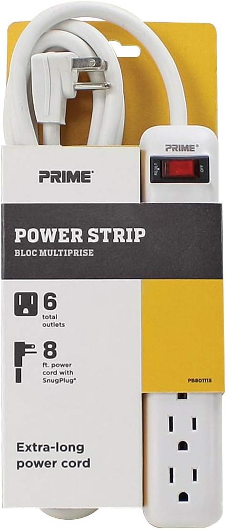 Prime Wire & Cable PB801115 6-Outlet Power Strip with 14-3 SJT 8-Feet Cord,White