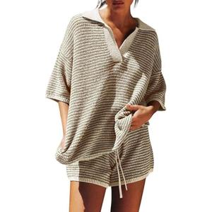 Tankaneo Womens Sweater Set 2 Piece Outfits Oversized 3/4 Sleeve V Neck Knit Tops High Waisted Shorts Lounge Sets, XS