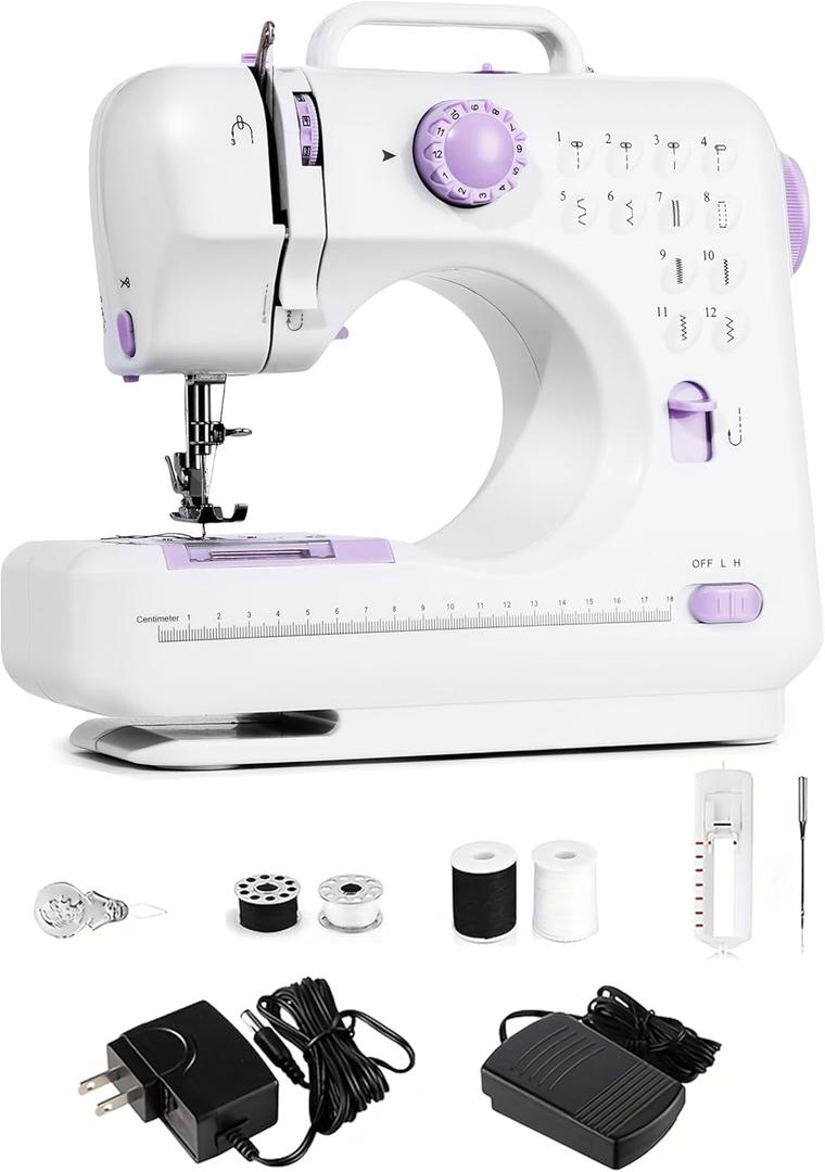 Portable Sewing Machine for Beginners, Mini Electric Sewing Machine with 12 Stitches 2 Speeds Foot Pedal, Dual Power Small Handheld Sewing Machine for Home Travel Easy to Use Purple Maquina de Coser