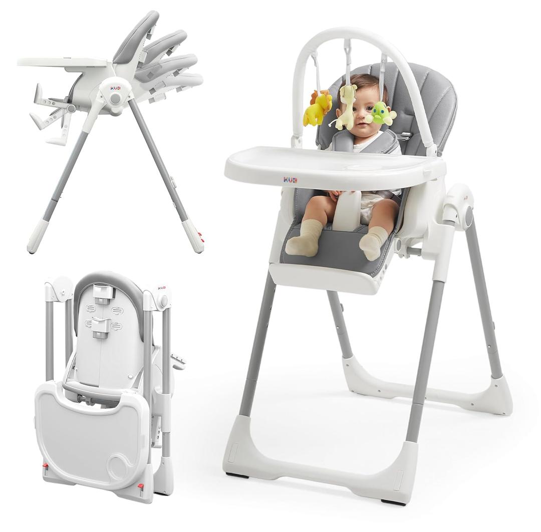 KB 3-in-1 Foldable Baby High Chair, 7 Height & 4 Recline Adjustable Seat & Tray for Easy Clean, 2 Locking Wheels, Multifunctional Infant High Chairs for Babies and Toddlers (Grey, with Toys)