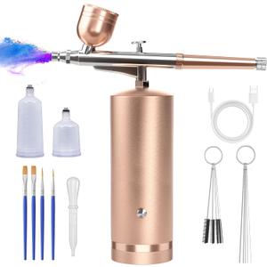 Airbrush Kit with Compressor - 48PSI Rechargeable Cordless Non-Clogging High-Pressure Air Brush Set with 0.3mm Nozzle and Cleaning Brush Set for Nail Art, Makeup, Painting, Cake Decor (Champaign Gold)