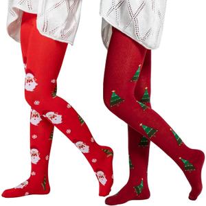 Aaronano 2 Pairs Girls Patterned Red Tights Christmas Holiday Stockings Kids Snowflake Printed Tights for Girls 4-10t (Medium)