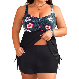Aqua Eve Women Plus Size Tankini Swimsuit Two Piece Flowy Swimdress Bathing Suits with Shorts (Black Floral) Size 28W 