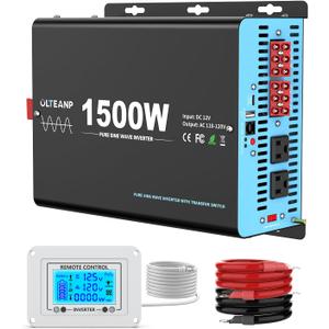1500W Pure Sine Wave Inverter with Transfer Switch, 12V DC to 120V AC Converter with 2AC Outlets, USB Port, Type-C Port, Remote Controller, Power Inverter for RV, Outdoor, Auto Swtich to Shore Power