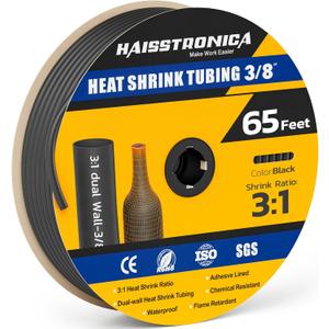 haisstronica 3/8" 65FT Heat Shrink Tubing, 3:1 Shrink Ratio Adhesive Lined, Marine Grade Waterproof Insulation Heat Shrink Tube - Black