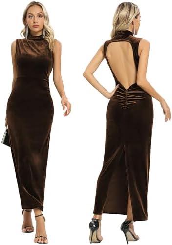 Capuffy Women Backless Velvet Maxi Dress Back Slit Ruched Bodycon Formal Dress High Neck Cocktail Party Dress 091, Size M