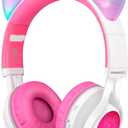 Riwbox CT-7 Cat Ear Bluetooth Headphones, LED Light Up Bluetooth Wireless Over Ear Headphones with Microphone and Volume Control for Travel/School/Smartphones/Laptop/PC/TV (White&Pink)