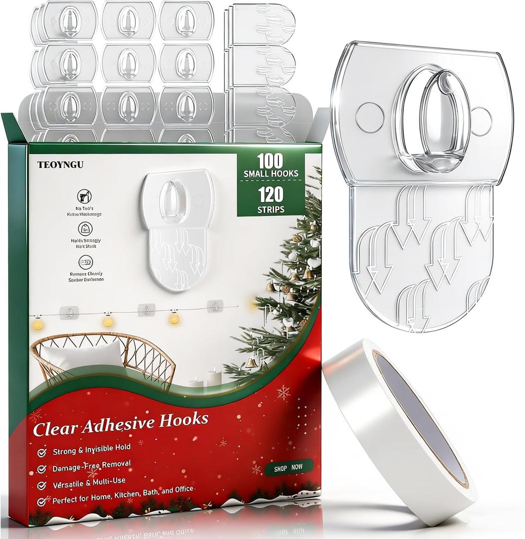 100 Clips + 120 Adhesive Strips, Clear Mini Light Clips, Strips Hooks, Small Self-Adhesive Hooks, Indoor Christmas/Festival Decoration,Hooks Small