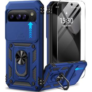Taisairu for Google Pixel 10 Case/Pixel 10 Pro Case with Screen Protector & Slide Camera Lens Cover,Built-in Ring Stand Protective Phone Case for Pixel 10 Case/Google Pixel 10 Pro Case (Blue)