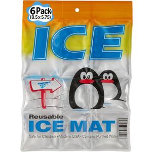 ICY-COOLS Penguin Purified Water Reusable Ice Packs for Coolers - 6 Pack (8.5 x 5.75) Long Lasting Flexible Ice Mat Freezer Packs for Lunch Boxes, Camping and Travel