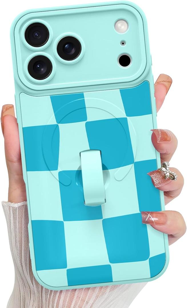 KANGHAR Compatible with iPhone 17 Pro Case, Support for MagSafe, Silicone Checkered Cute Pattern, Wristband Kickstand Camera Protection Soft Slim Cover for Girls Women - Blue