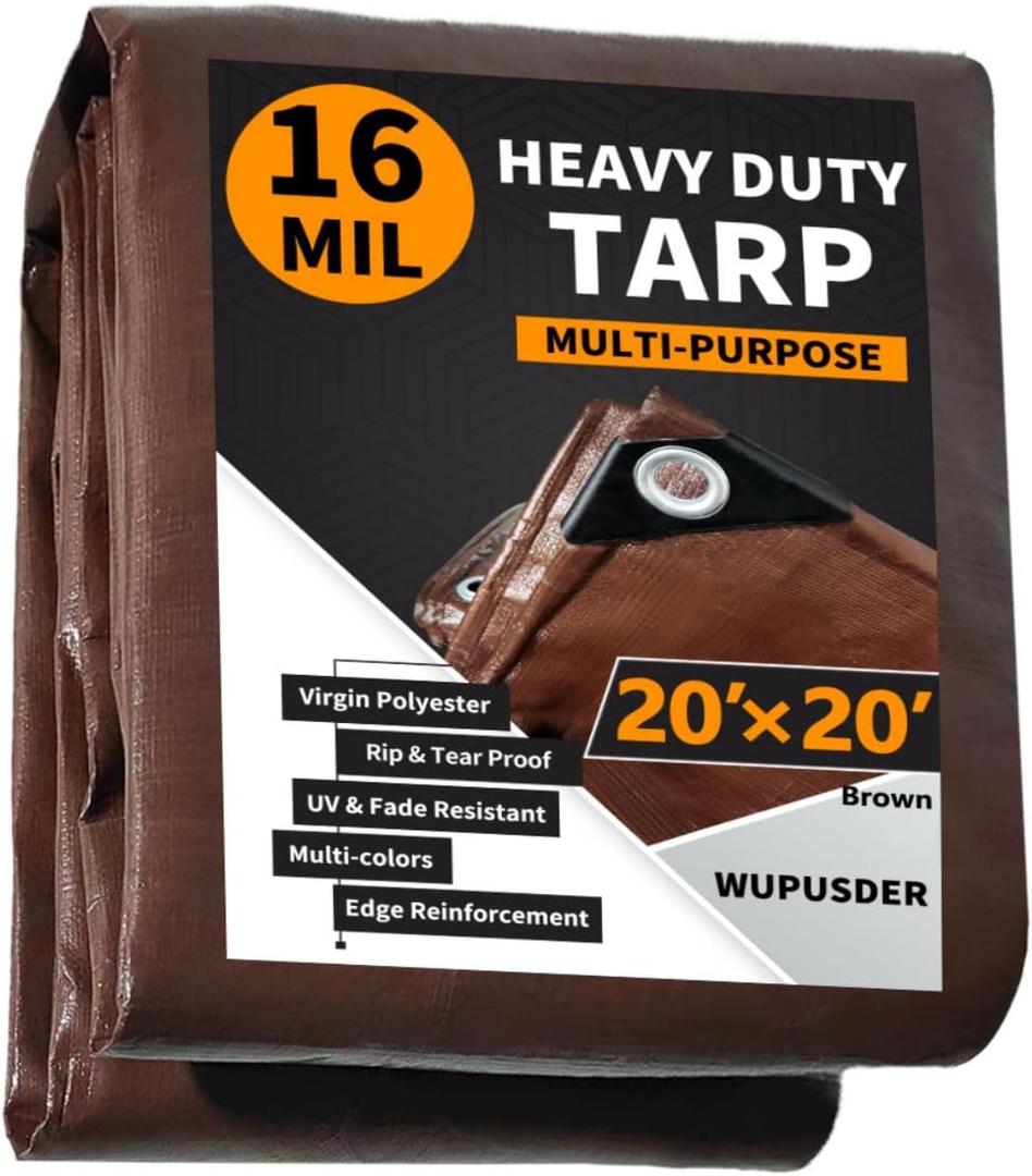 Tarps Heavy Duty Waterproof 20x20ft, 16Mil Poly Tarps with Grommets, UV Resistant, Brown Multipurpose Tarpaulin with Reinforced Edges, Camping, Outdoor Coverings