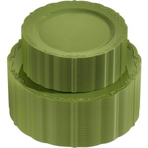 U-QE 100PCS Olive Green Plastic Plates - Plastic Green Plates Disposable Heavy Duty - Olive Disposable Plates for Party Including 50PCS 10'' Dinner & 50PCS 7.5'' Dessert Plate