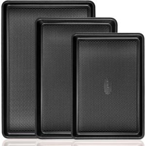 Cookie Sheets for Baking Nonstick - HONGBAKE Baking Sheet Pan Set of 3, Half/Quarter/Jelly Roll Pan for Oven with Diamond Texture Pattern, 57% Thicker Carbon Steel Cookie Trays, Dark Grey (Dark Gray)