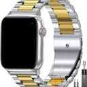 EPULY Compatible with Apple Watch Band 42mm 44mm 45mm 38mm 40mm 41mm, Business Stainless Steel Metal Wristband for iWatch SE Series 7 6 5 4 3 2 1 for Men Women (Silver+Gold, 45mm 44mm 42mm)