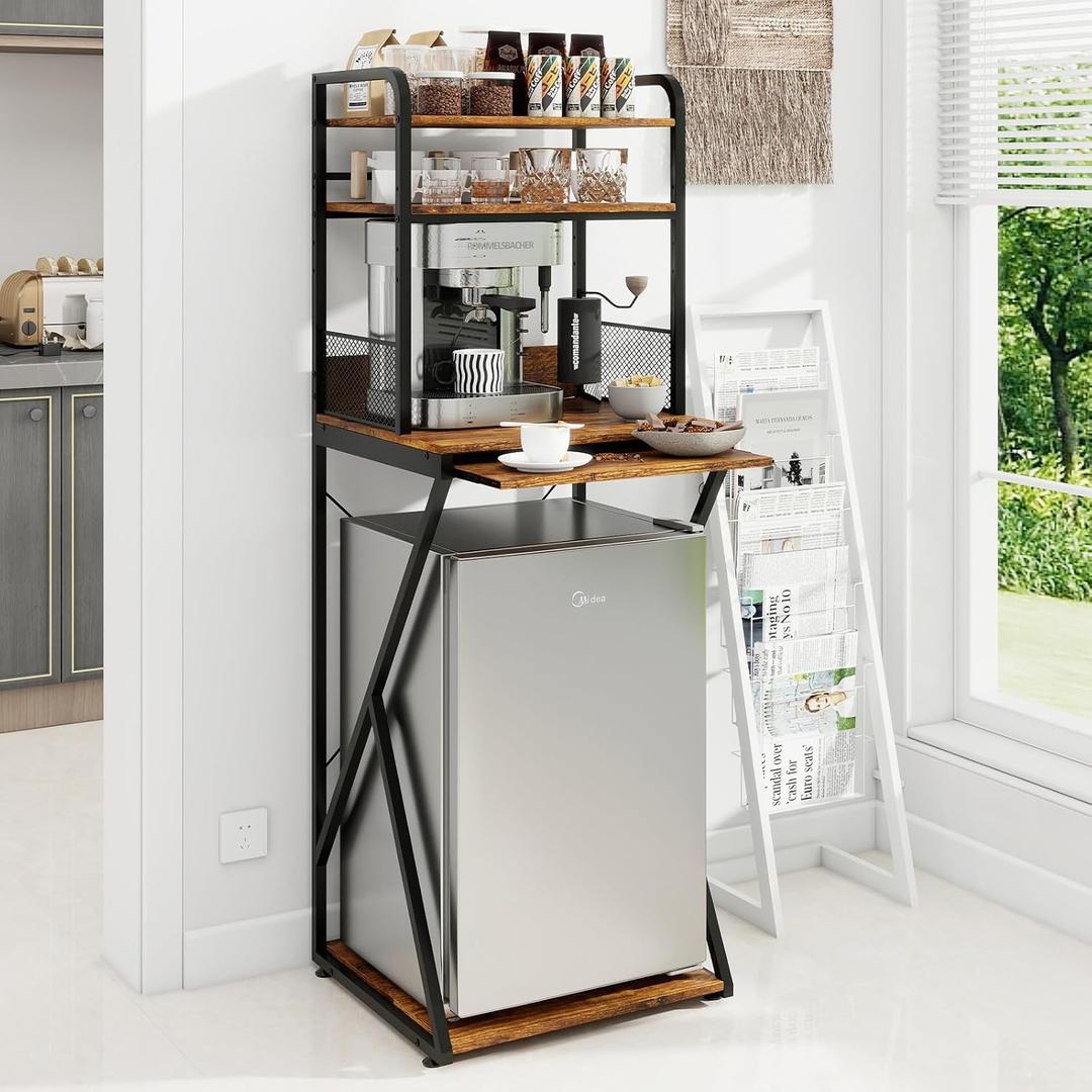PUNCIA 4-Tier Mini Fridge Stand with Power Outlet & Storage, Coffee Bar Organizer, Refrigerator Cabinet & Microwave Shelf, Bakers Rack for Kitchen, Office, Dorm, Pantry, Apartment (Retro)