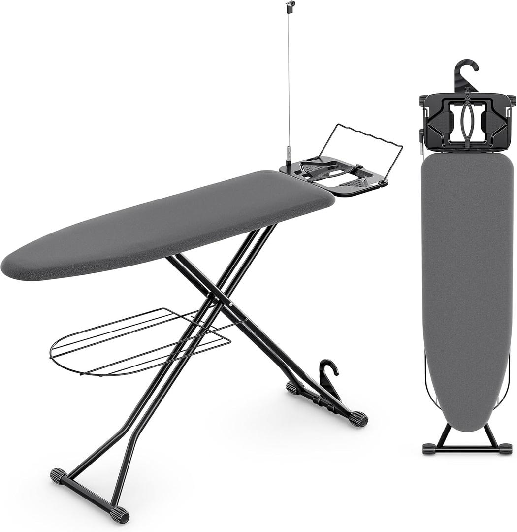 Ironing Board, Compact Iron Board Full Size with Extra Thick Cover, 7 Adjustable Heights Stand with Hanger and Iron Rest, Large Heavy Duty Ironing Board with Storage Tray, 13x43 Black