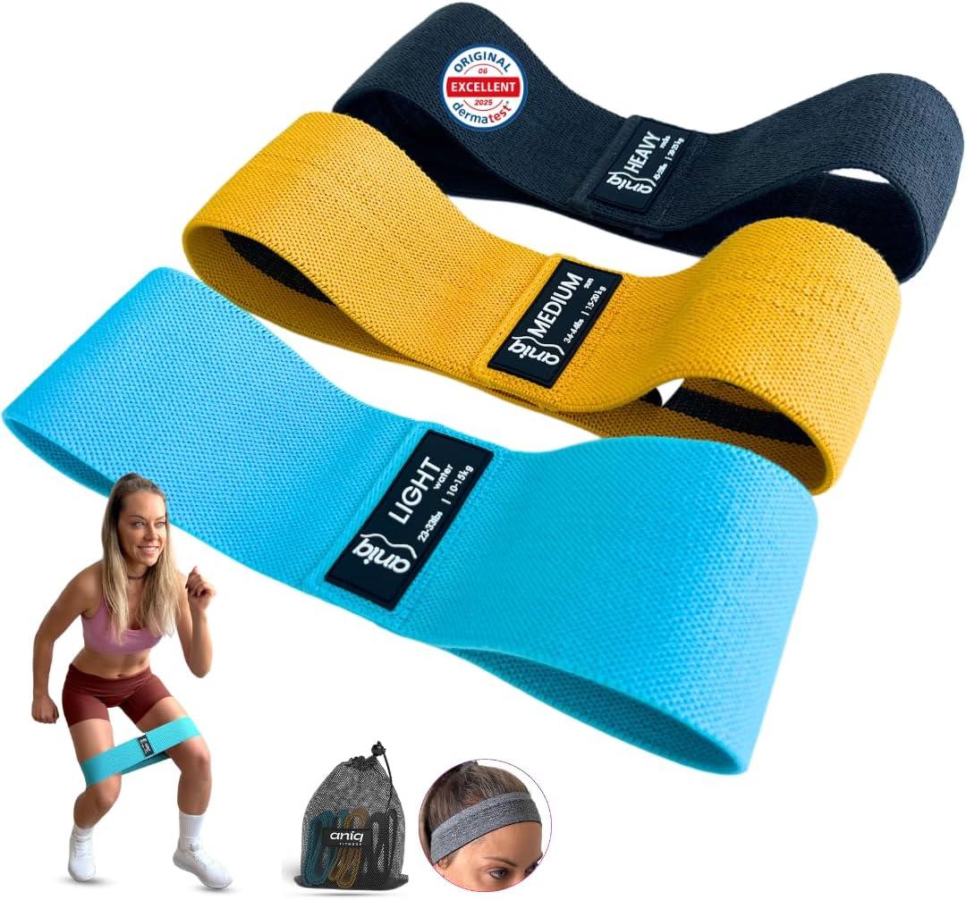 ANIQ Fabric Resistance Bands Non-Slip Booty Bands Set 3 Levels for Legs, Glutes & Physical Therapy Washable Cloth Loop Workout Exercise Equipment with Carry Bag, Headband for Pilates & Yoga