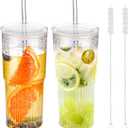 22oz Glass Tumblers with Glass Lids and Straws - Stylish Vintage Ribbed Design for Iced Coffee, Juice, Smoothies, Milkshakes, Cold Beverages & Whiskey Cocktail Beer (2pack-22OZ-Glass lid)