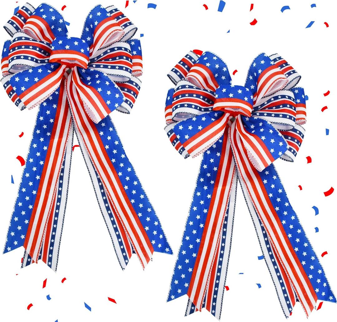 TONIFUL 2 PCS Large 4th of July American Flag Patriotic Bow, Red White Blue Stripe Star Wreath Bow for Independence Day Memorial Day, Front Door Decor
