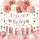 Amandir Dusty Pink Girl Baby Shower Decorations Welcome Baby Banner, Cake Topper, Paper Lanterns, Gold Balloons Pom Poms Flowers Tassels, Circle Dots Star Garland Gender Reveal Birthday Party Supplies