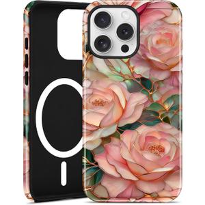 Jusy Compatible with MagSafe Pink Flower Case for iPhone 16, Aesthetic Stained Glass Floral Magnetic Phone Case, Soft TPU and Hard PC Protective Cover for Women Girls (Shiny) - Pink Flower