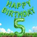 Green Pixel Style Happy Birthday Banner and 40 Inch Number 5 Foil Balloon Set for Boys Birthday Party, Video Game Theme Birthday Decorations, Gamer Pixelated Party Supplies