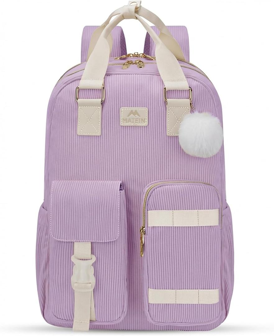 MATEIN Laptop Backpack,15.6 Inch College Backpacks School Computer Bookbag | Kawaii College Corduroy Laptop Messenger Bag, TSA Lightweight Travel Daypack, Gifts for Teens Girls Kids Students, Purple